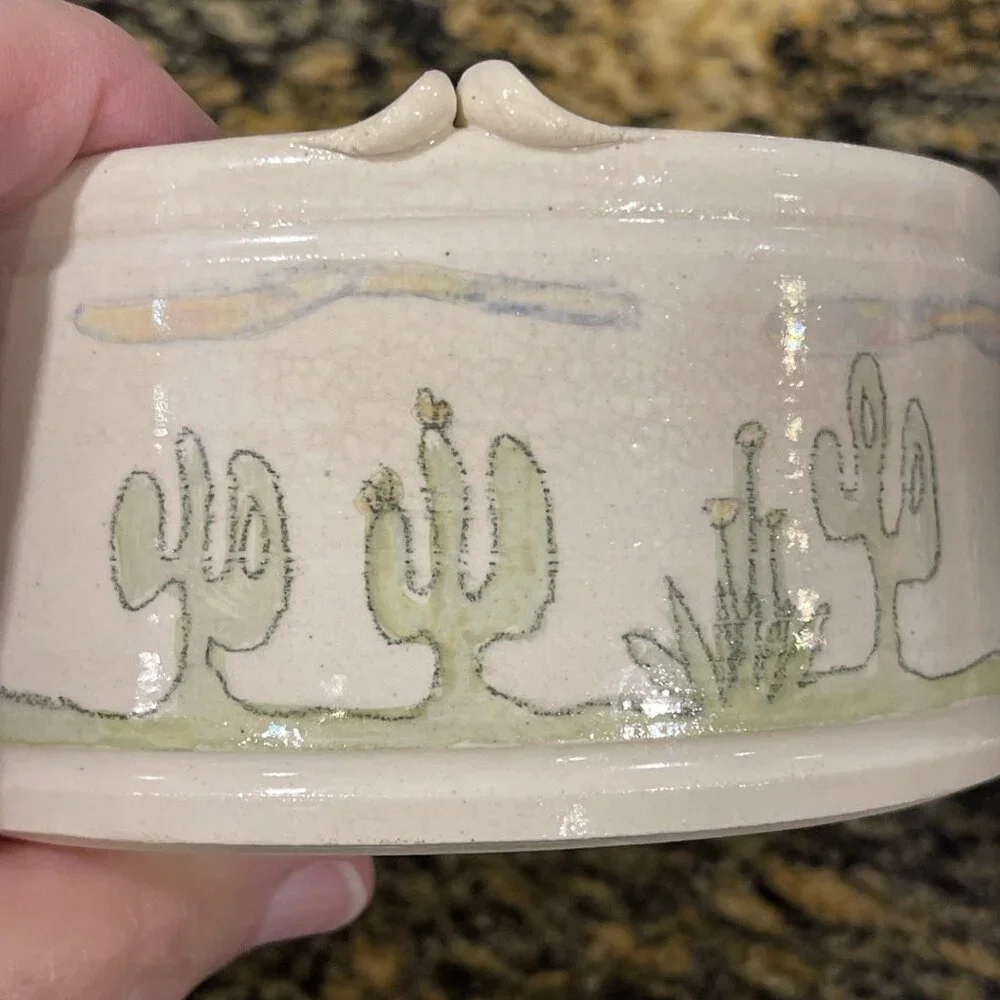 Vtg Handcrafted Lynn Gray Signed‎ Art Pottery Desert Cactus Bowl Rim Pinch Deco